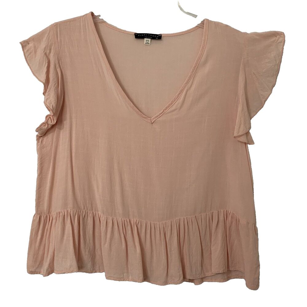 Final Touch Blouse Women Size L Soft Peach Flutter Sleeve V neck Ruffle Babydoll